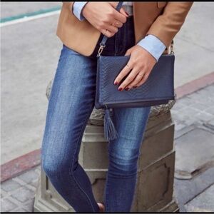 Gigi New York Embossed Python Leather Navy Convertible Tassel Fold Over Clutch